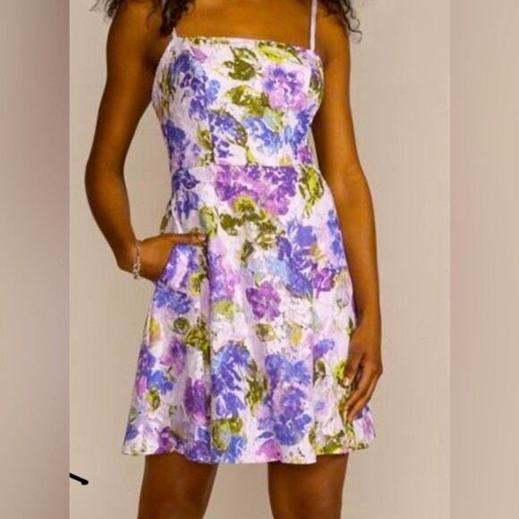 DB STUDIO, FLORAL PATTERNED LACE A-LINE,PURPLEMULTI,8 Dress with pockets - Picture 1 of 8